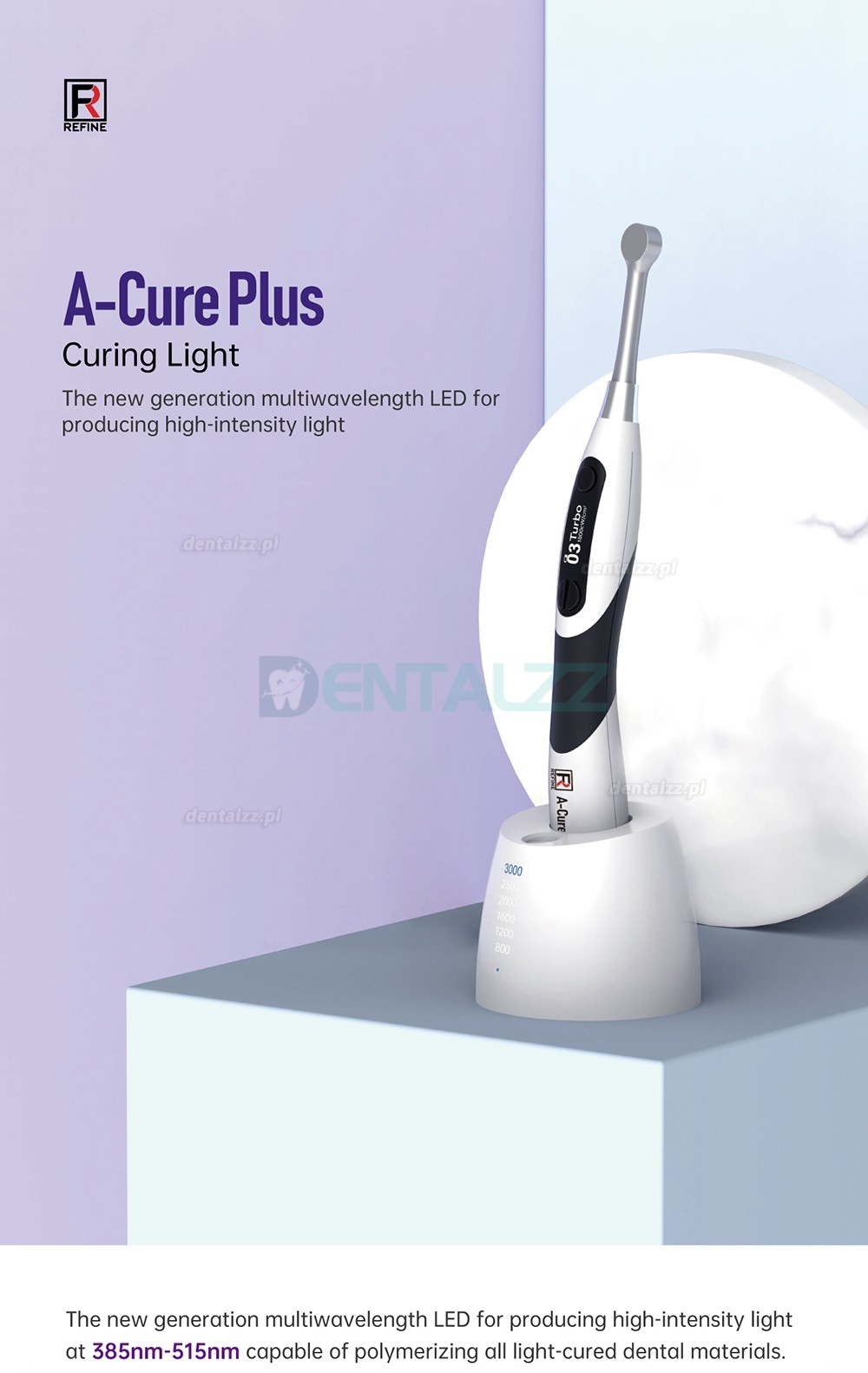 Refine A-Cure Plus Bezprzewodowa lampa dentystyczna LED do utwardzania z miernikiem światła i wykrywaniem próchnicy