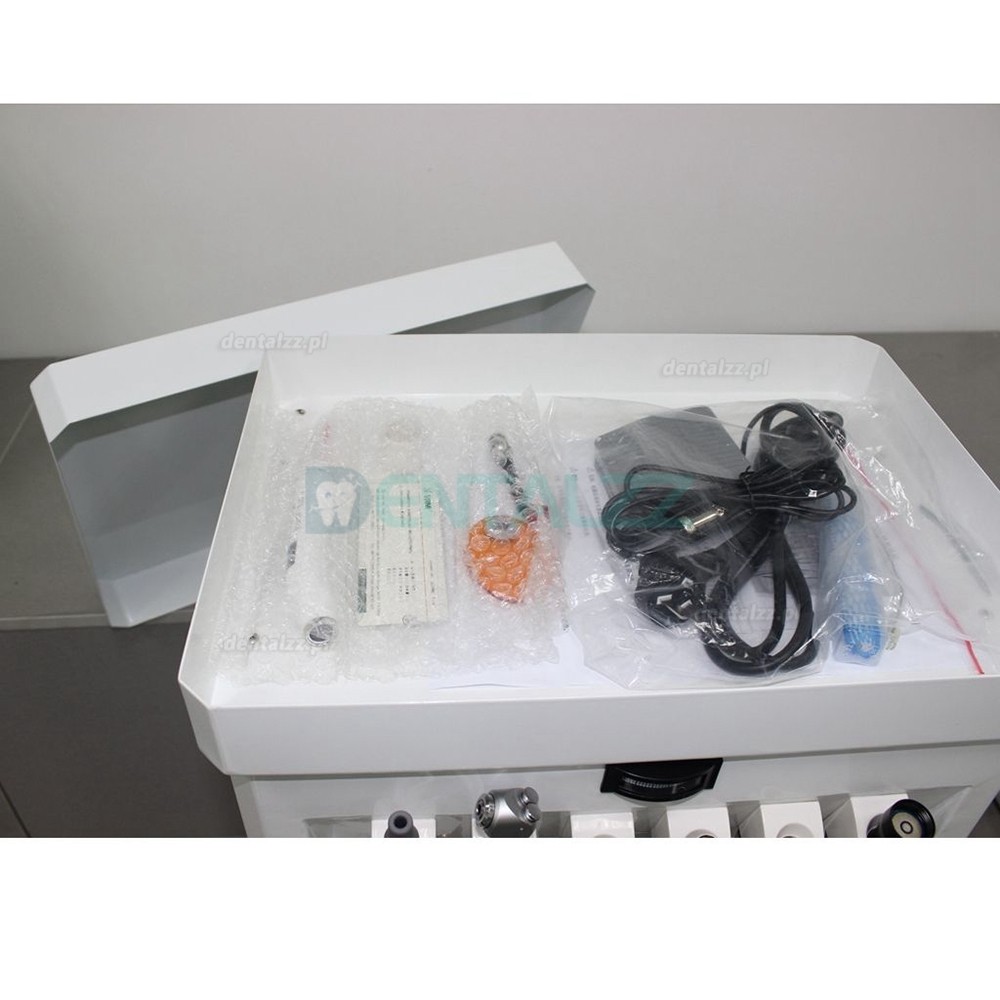 GREELOY Mobilny wózek dostawczy dentystyczny wbudowany kompresor powietrza + rękojeść skalera + Lampy polimeryzacyjne LED