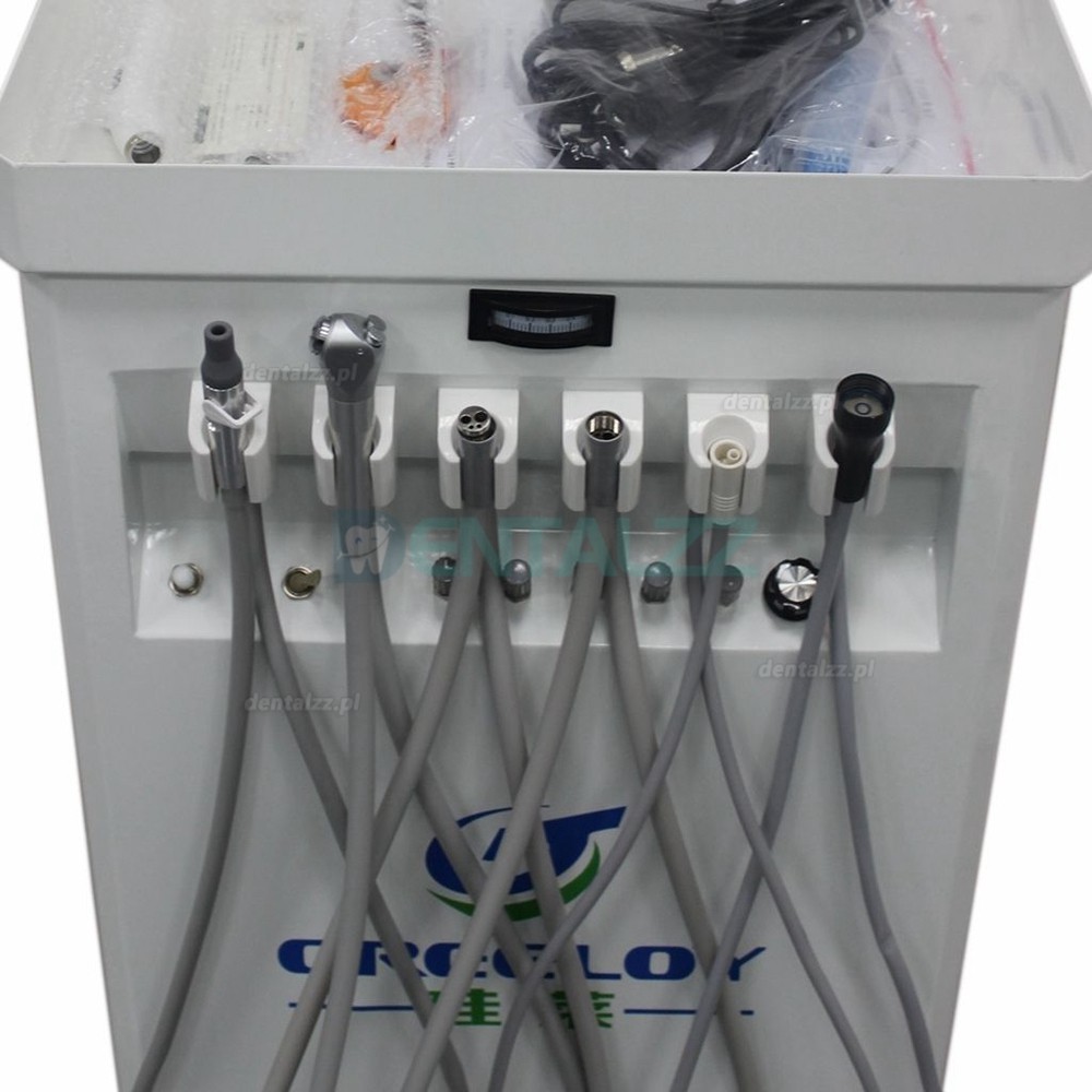 GREELOY Mobilny wózek dostawczy dentystyczny wbudowany kompresor powietrza + rękojeść skalera + Lampy polimeryzacyjne LED