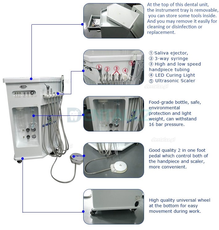 Greeloy® GU-P212 3 in 1 Mobilny unit stomatologiczny wbudowane Lampy polimeryzacyjne i skaler ultradźwiękowy