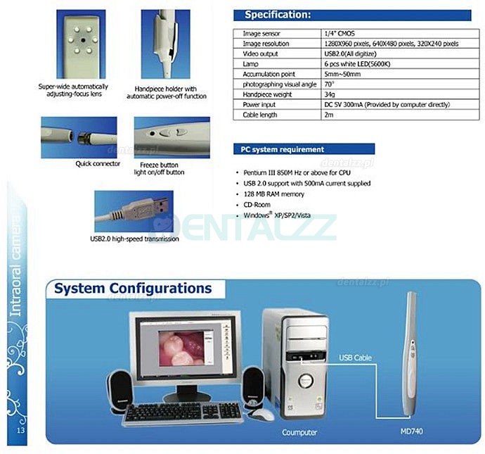 Dental 4 Megapiksele Przewodowa kamera wewnątrzustna SONY CCD Obraz USB Dental 4 Megapiksele Przewodowa kamera wewnątrzustna SONY CCD Obraz USB